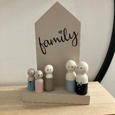Wooden Peg Doll Family with House