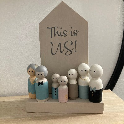 Wooden Peg Doll Family with House